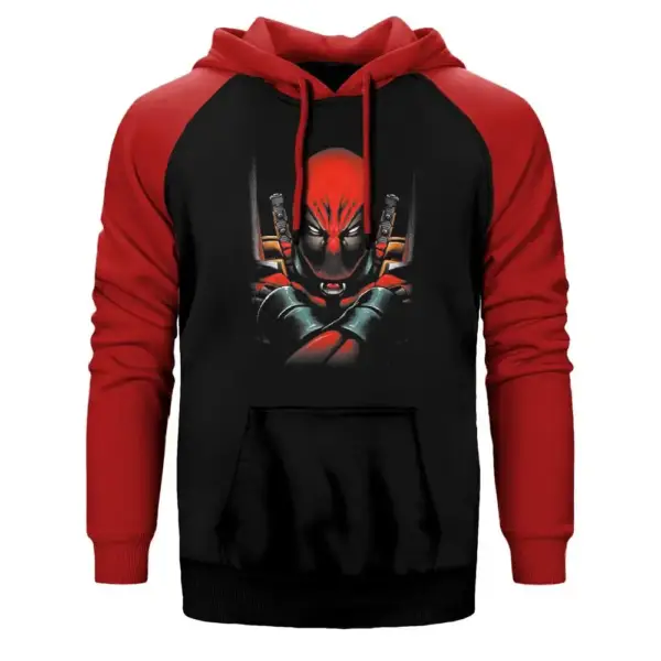 Deadpool Angry Hoodie, Double Color Raglan Sleeve Red Sweatshirt