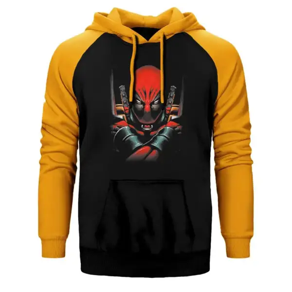 Deadpool Angry Hoodie, Double Color Raglan Sleeve Yellow Sweatshirt