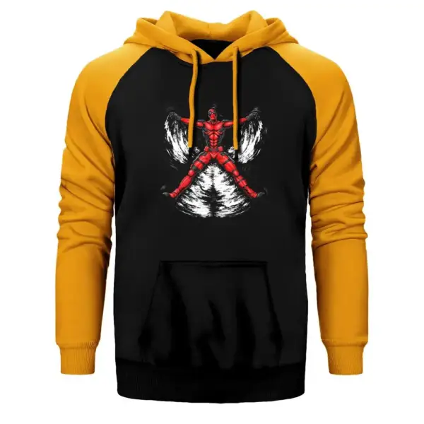 Deadpool Blood Angel Hoodie, Double Color Raglan Sleeve Yellow Sweatshirt