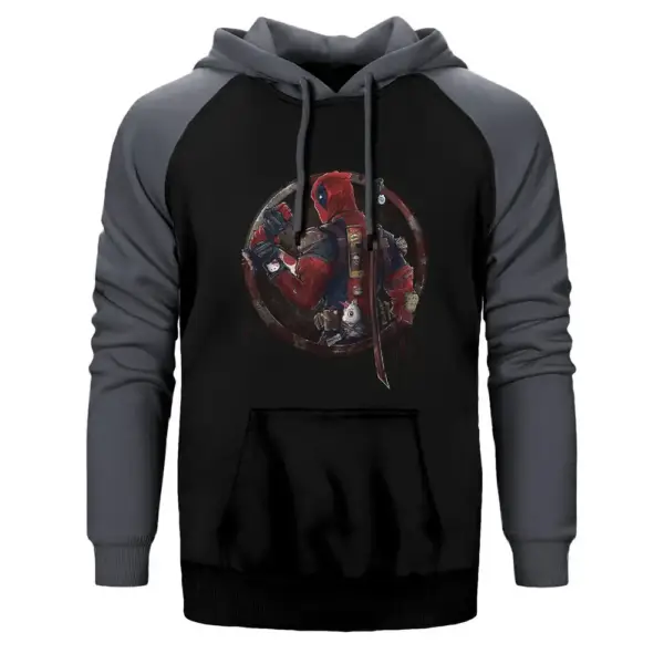 Deadpool Distorted Hoodie, Double Color Raglan Sleeve Gray Sweatshirt
