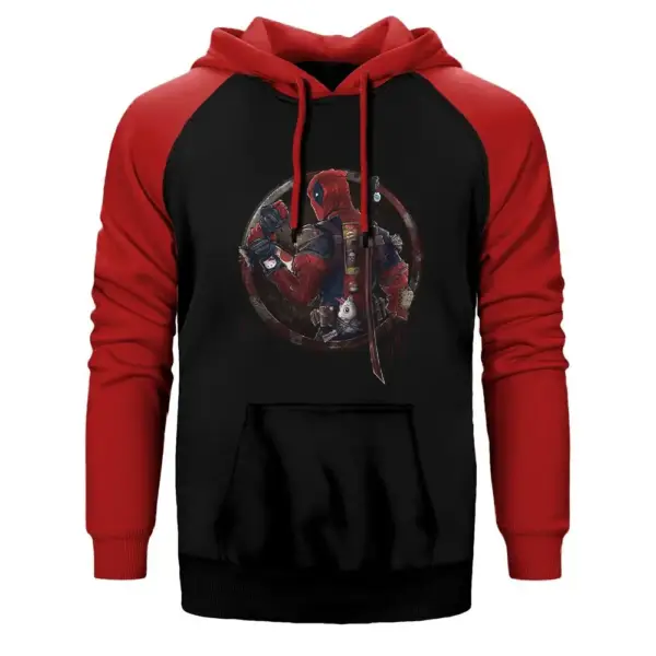 Deadpool Distorted Hoodie, Double Color Raglan Sleeve Red Sweatshirt
