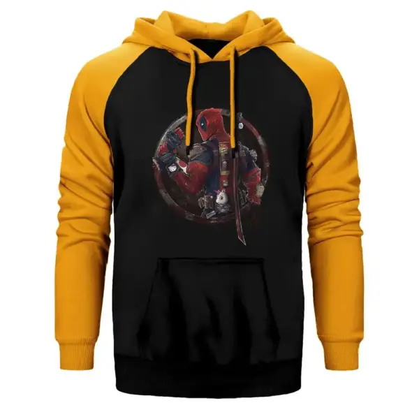 Deadpool Distorted Hoodie, Double Color Raglan Sleeve Yellow Sweatshirt