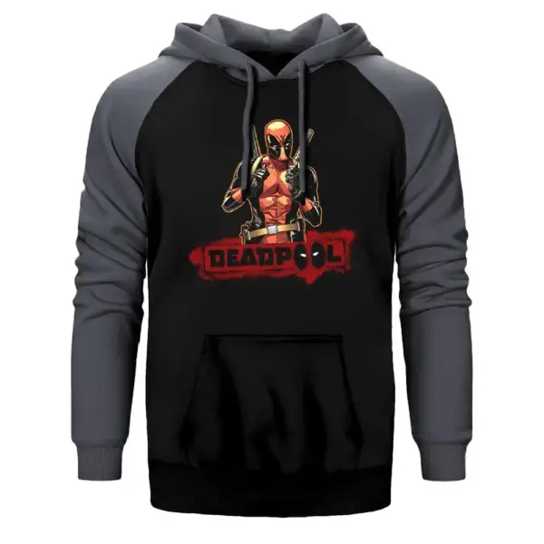 Deadpool Dual Sword Hoodie, Double Color Raglan Sleeve Gray Sweatshirt