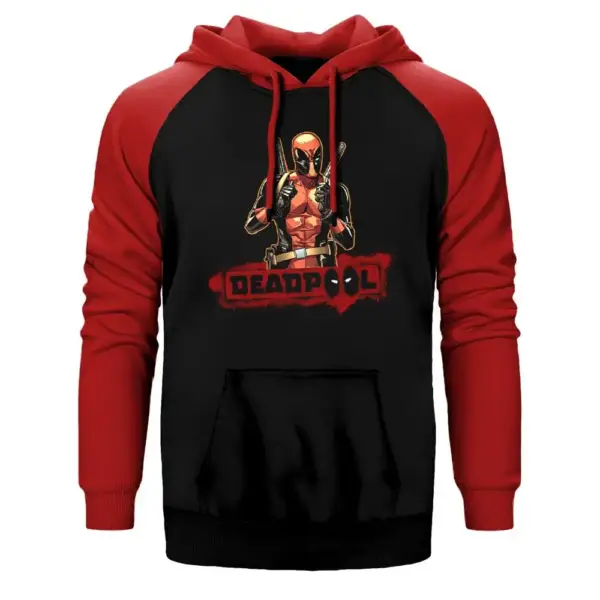 Deadpool Dual Sword Hoodie, Double Color Raglan Sleeve Red Sweatshirt