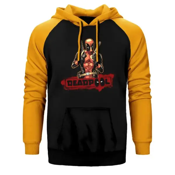 Deadpool Dual Sword Hoodie, Double Color Raglan Sleeve Yellow Sweatshirt