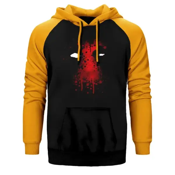 Deadpool Face Hoodie, Double Color Raglan Sleeve Yellow Sweatshirt