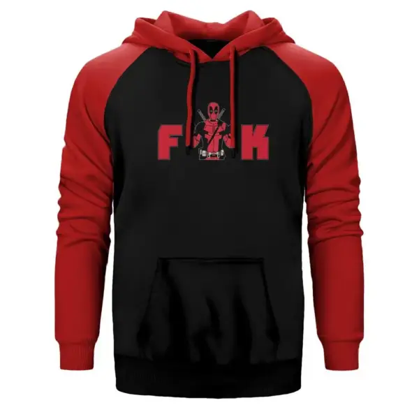 Deadpool Fuk Hoodie, Double Color Raglan Sleeve Red Sweatshirt