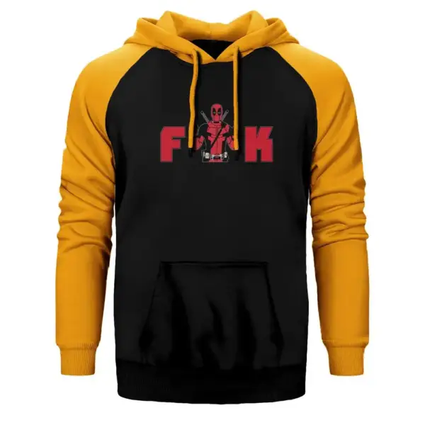Deadpool Fuk Hoodie, Double Color Raglan Sleeve Yellow Sweatshirt