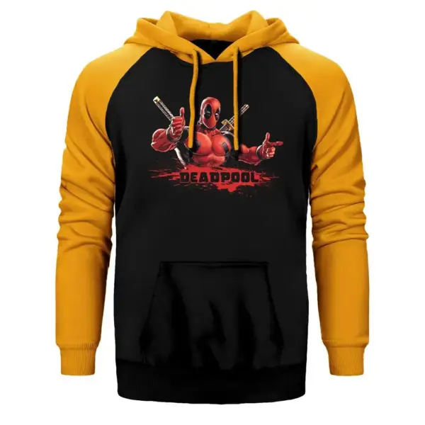 Deadpool Great Hoodie, Double Color Raglan Sleeve Yellow Sweatshirt