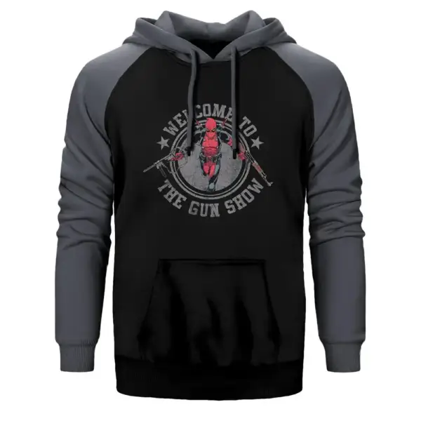 Deadpool Gun Show Hoodie, Double Color Raglan Sleeve Gray Sweatshirt