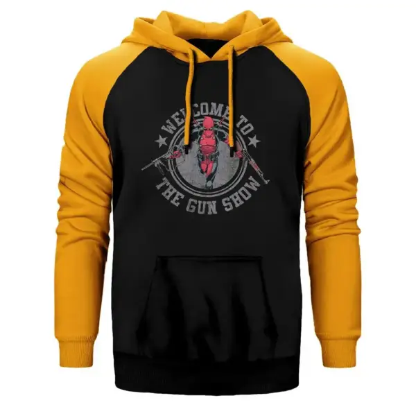 Deadpool Gun Show Hoodie, Double Color Raglan Sleeve Yellow Sweatshirt