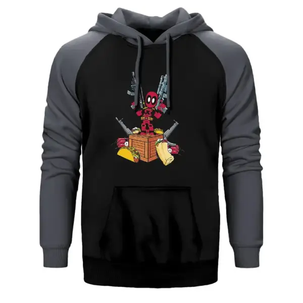 Deadpool Hungry Hoodie, Double Color Raglan Sleeve Gray Sweatshirt