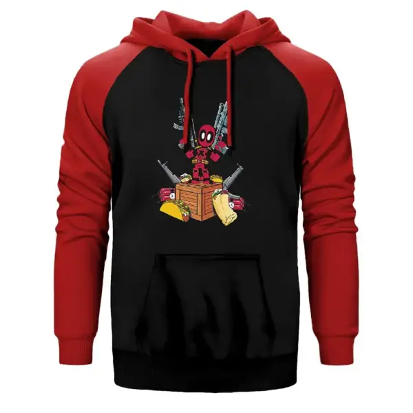Deadpool Hungry Hoodie, Double Color Raglan Sleeve Red Sweatshirt