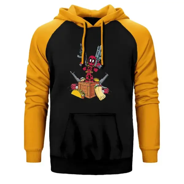 Deadpool Hungry Hoodie, Double Color Raglan Sleeve Yellow Sweatshirt