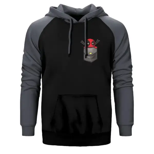 Deadpool Pocket Hoodie, Double Color Raglan Sleeve Gray Sweatshirt