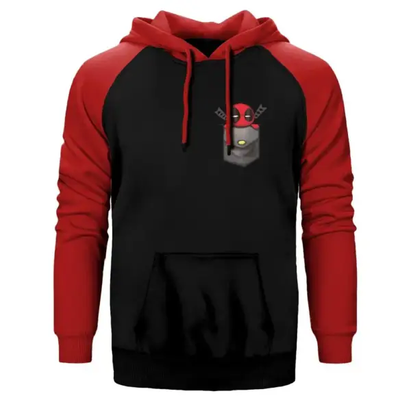 Deadpool Pocket Hoodie, Double Color Raglan Sleeve Red Sweatshirt