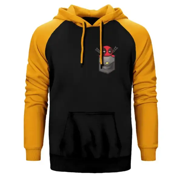 Deadpool Pocket Hoodie, Double Color Raglan Sleeve Yellow Sweatshirt