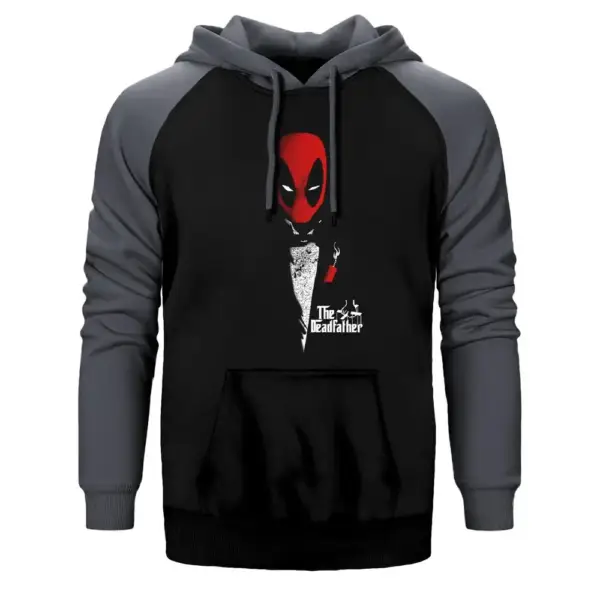 Deadpool The Deadfather Hoodie, Double Color Raglan Sleeve Gray Sweatshirt