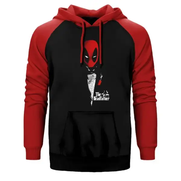 Deadpool The Deadfather Hoodie, Double Color Raglan Sleeve Red Sweatshirt