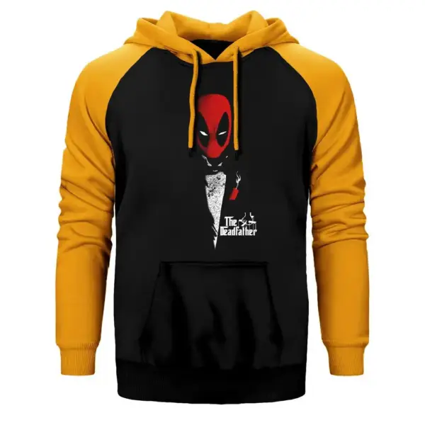 Deadpool The Deadfather Hoodie, Double Color Raglan Sleeve Yellow Sweatshirt