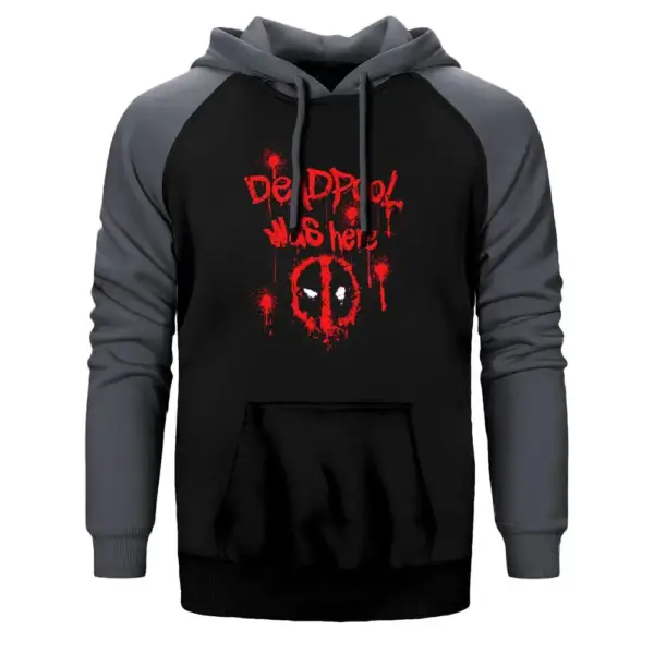 Deadpool Was Here Hoodie, Double Color Raglan Sleeve Gray Sweatshirt