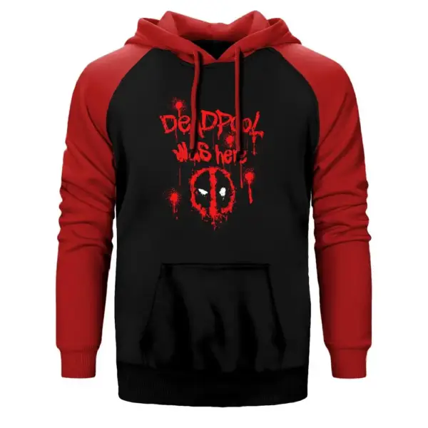 Deadpool Was Here Hoodie, Double Color Raglan Sleeve Red Sweatshirt