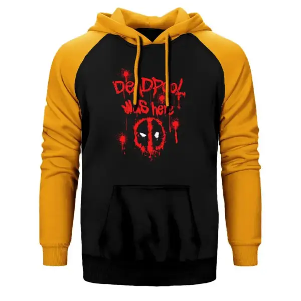 Deadpool Was Here Hoodie, Double Color Raglan Sleeve Yellow Sweatshirt