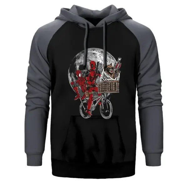 Deadpool and Moon Hoodie, Double Color Raglan Sleeve Gray Sweatshirt