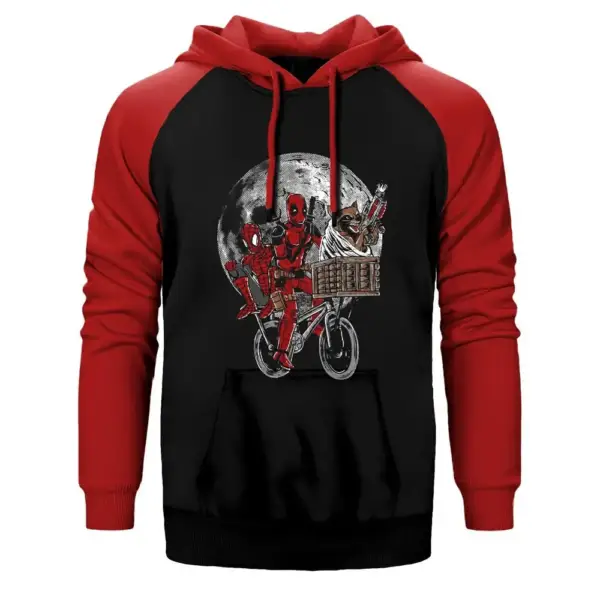 Deadpool and Moon Hoodie, Double Color Raglan Sleeve Red Sweatshirt