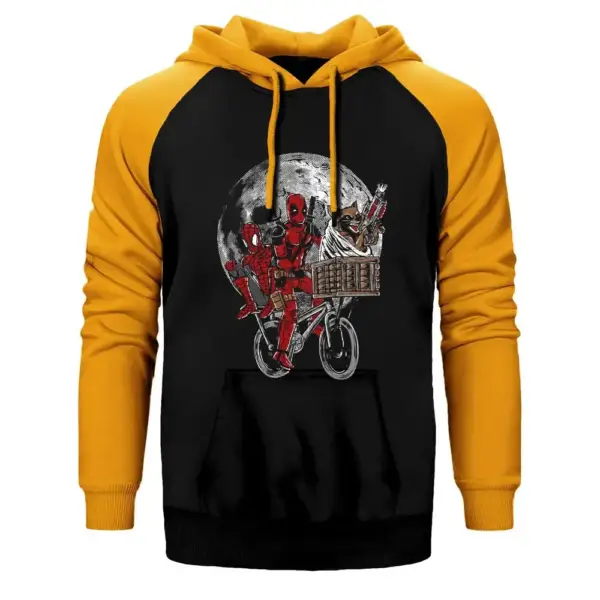 Deadpool and Moon Hoodie, Double Color Raglan Sleeve Yellow Sweatshirt