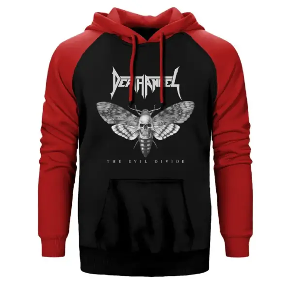 Death Angel The Evil Divide Hoodie, Double Color Raglan Sleeve Red Sweatshirt