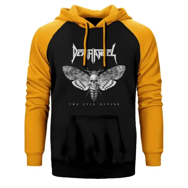 Death Angel The Evil Divide Hoodie, Double Color Raglan Sleeve Yellow Sweatshirt