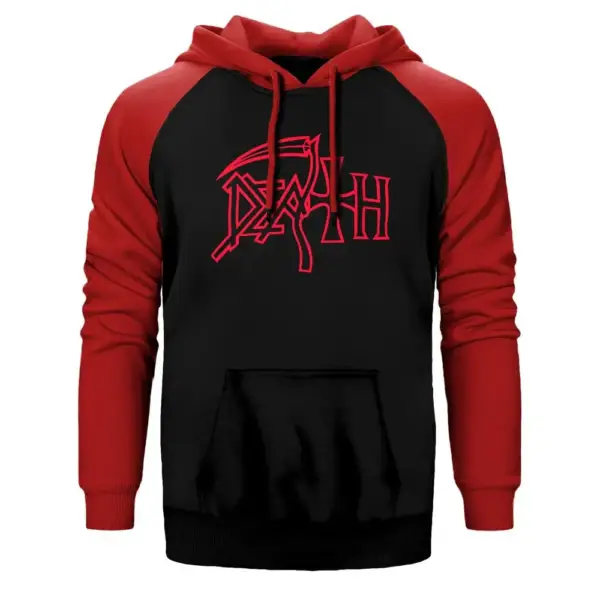 Death Hoodie, Double Color Raglan Sleeve Red Sweatshirt
