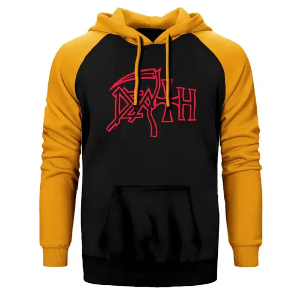 Death Hoodie, Double Color Raglan Sleeve Yellow Sweatshirt