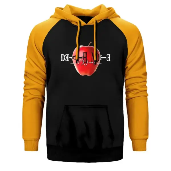 Death Note Apple Hoodie, Double Color Raglan Sleeve Yellow Sweatshirt