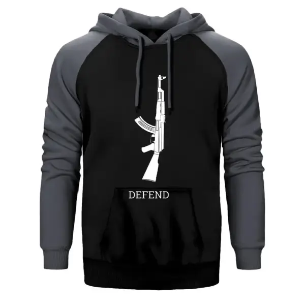 Defend Hoodie, Double Color Raglan Sleeve Gray Sweatshirt