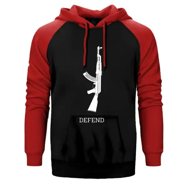Defend Hoodie, Double Color Raglan Sleeve Red Sweatshirt