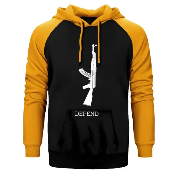 Defend Hoodie, Double Color Raglan Sleeve Yellow Sweatshirt