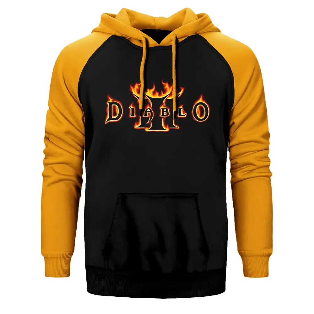 Diablo Firing Hoodie, Double Color Raglan Sleeve Yellow Sweatshirt