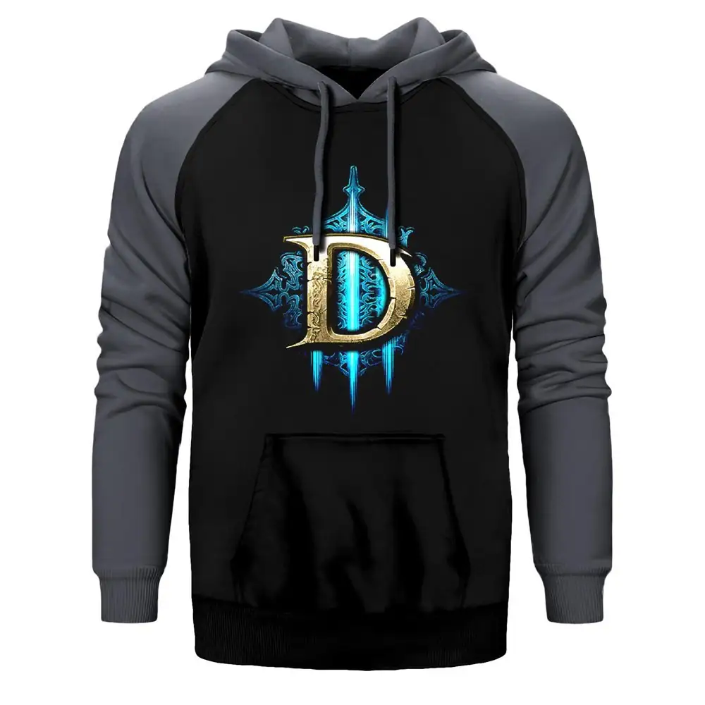 Diablo Reaper Firing Hoodie, Double Color Raglan Sleeve Gray Sweatshirt