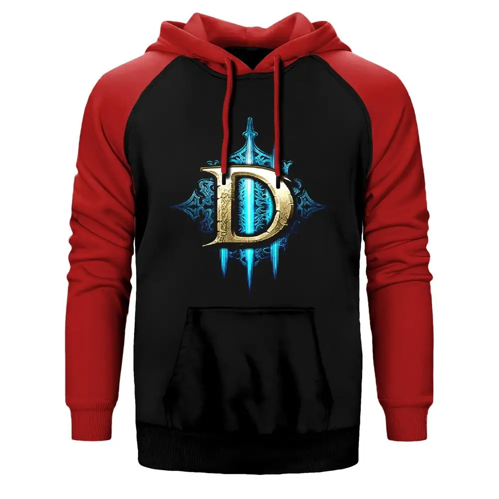 Diablo Reaper Firing Hoodie, Double Color Raglan Sleeve Red Sweatshirt
