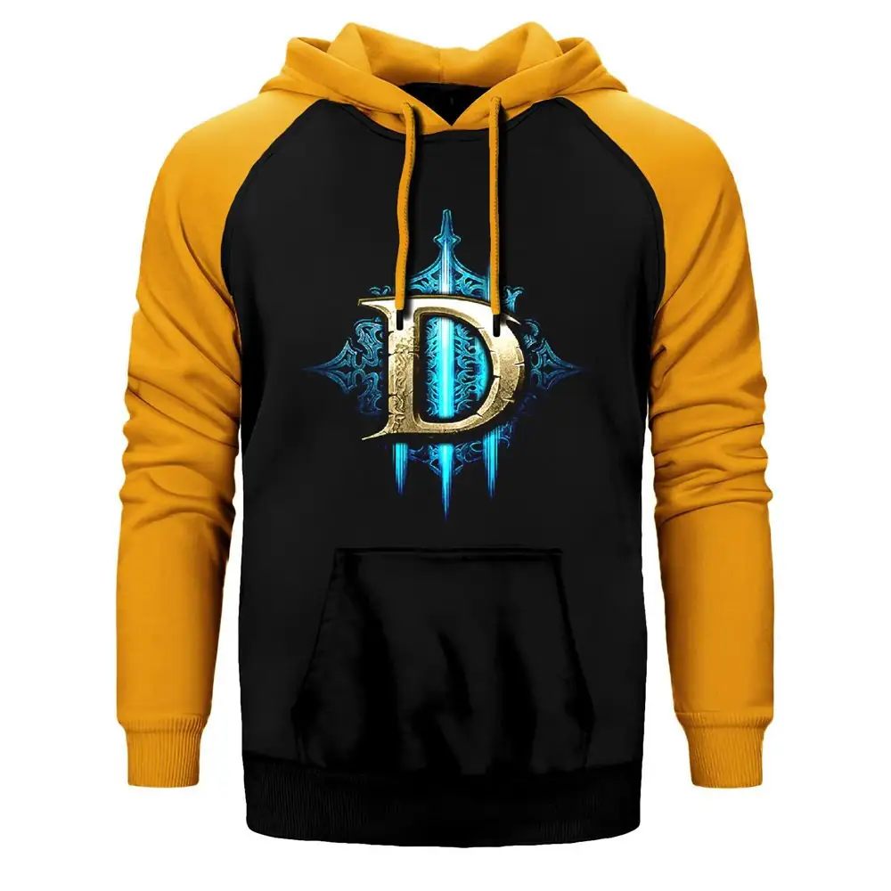 Diablo Reaper Firing Hoodie, Double Color Raglan Sleeve Yellow Sweatshirt
