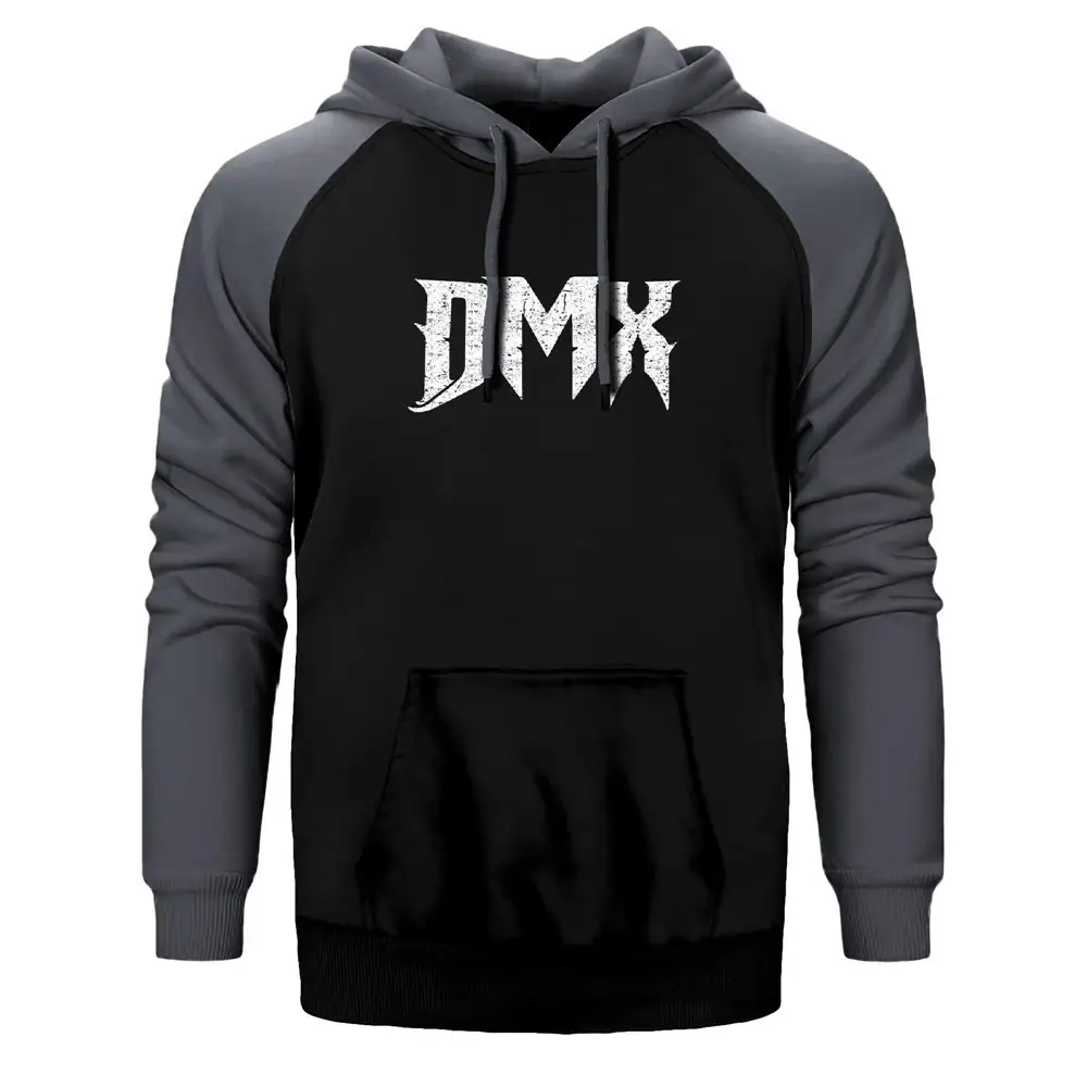 Dmx Logo Hoodie, Double Color Raglan Sleeve Gray Sweatshirt