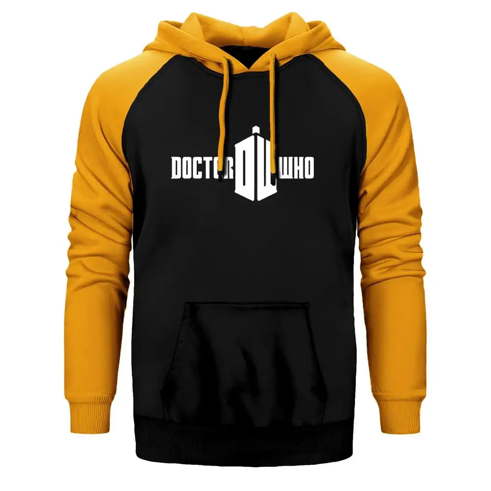 Doctor Who Logo Hoodie, Double Color Raglan Sleeve Yellow Sweatshirt