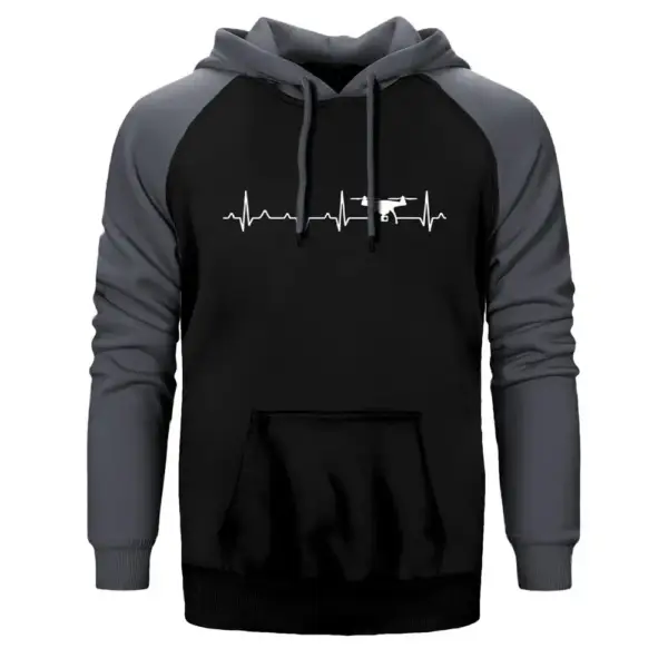 Drone Heartbeat Hoodie, Double Color Raglan Sleeve Gray Sweatshirt