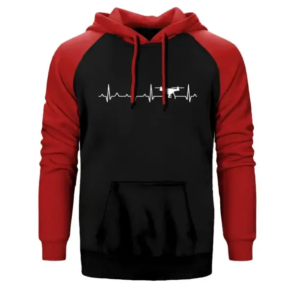 Drone Heartbeat Hoodie, Double Color Raglan Sleeve Red Sweatshirt