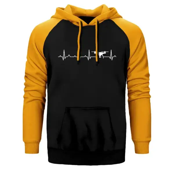 Drone Heartbeat Hoodie, Double Color Raglan Sleeve Yellow Sweatshirt