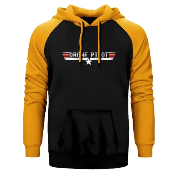 Drone Pilot Hoodie, Double Color Raglan Sleeve Yellow Sweatshirt