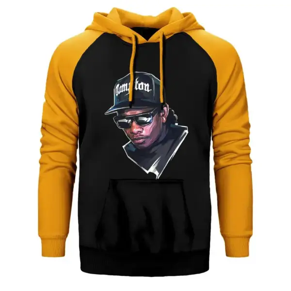 Eazy E Double Hoodie, Double Color Raglan Sleeve Yellow Sweatshirt