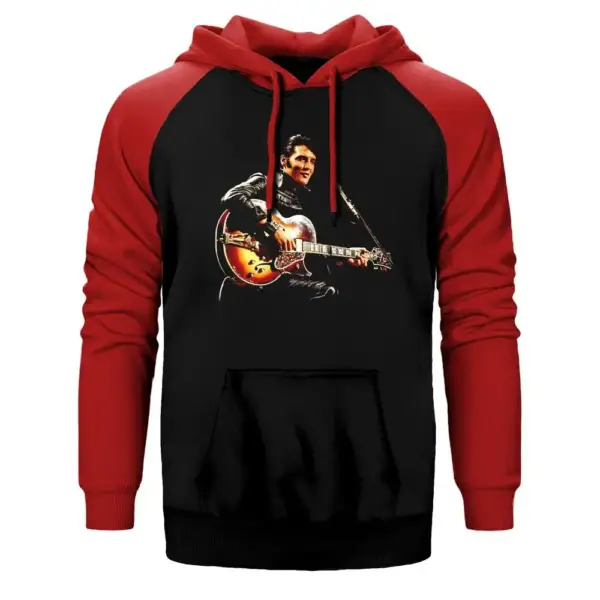 Elvis Presley Hoodie, Double Color Raglan Sleeve Red Sweatshirt